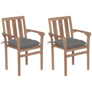 Teak Wood Garden Chairs Set of 2 with Gray Cushions