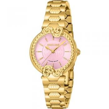Roberto Cavalli Women's Analog Steel Watch with Yellow Gold Strap and Pink Dial - Model RV1L214M0041
