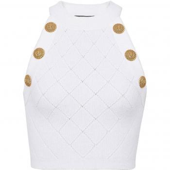 Balmain Women's Knitted Cropped Top in White | Size M | 6-button knit Sleeveless Top