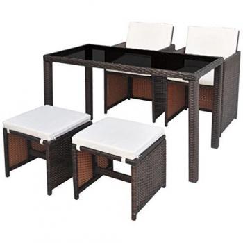 vidaXL 5-Piece Brown Poly Rattan Outdoor Dining Set with Cushions