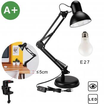 Flexo LED lampara de trabajo, lámpara de mesa Aglaia con base o abrazadera intercambiables entre si, brazo articulado, orientable y una bombilla de luz de LED de tamaño regular E27