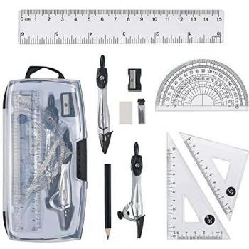 Vicloon Set de Geometría, Set de Matemáticas Incluye Compas de Dibujo, Regla, Cartabón, Transportador de Angulos, Brújula Geométrica, Lápiz, Borrador, 10 piezas de Juego de compás Set