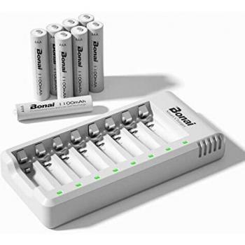 BONAI Cargador de Pilas Recargables con 8 Piezas de 1100mAh AAA Ni-MH Pilas Recargables, 8 Ranuras Independientes con Luces LED