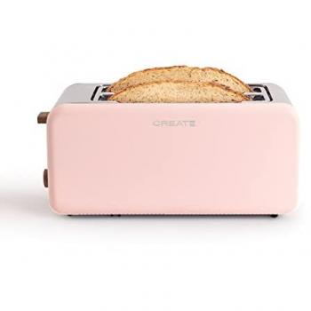 CREATE - Tostadora para rebanadas anchas - Ranuras grandes - 6 niveles de potencia - Bandeja recogemigas - Termostato - Descongelación - Recalentar - Diseño Retro Rosa Pastel - 1500