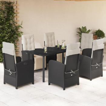 7-Piece Black Poly Rattan Garden Dining Set with Cushions