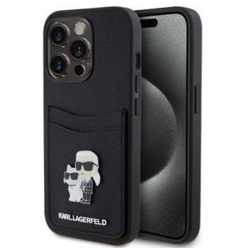 Funda para iPhone 15 Pro Karl Lagerfeld Saffiano con Ranura para Tarjetas y Diseño de Karl & Choupette - Negra