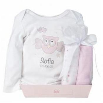 Canastilla personalizada Bebé de París con muselinas y body en color rosa