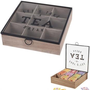 Caja de Té de Madera BB Home con 9 Compartimentos, Dimensiones 24x24cm, Modelo Let's Take a Tea Break