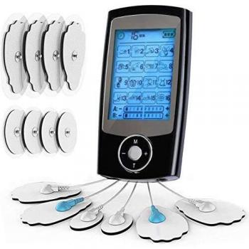 Electroestimulador Digital Masaje EMS TENS Portatil, 16 Modos 8 Pads 2 Canales Estimulador Muscular Recargable Masajeador Electro para Alivio del Dolor de Cervical/Piernas/Abdominal/Espalda/Cuello
