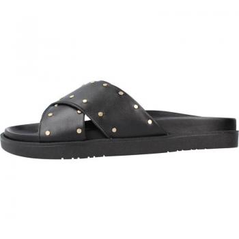 Sandalias de Mujer YELLOW STUD en color negro, con diseño plano, fabricadas en piel plateada y con anillo en el dedo