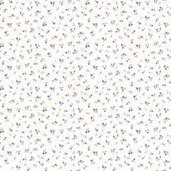 Papel pintado Blooming Garden 6 Little Roses blanco y azul Noordwand, vintage floral, con rosas azules sobre base blanca