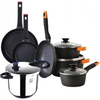Batería de Cocina San Ignacio Energy - Set de 7 Piezas en Aluminio Forjado, Antiadherente, Incluye 2 Sarténes y Olla a Presión, Apta para Todo Tipo de Cocinas