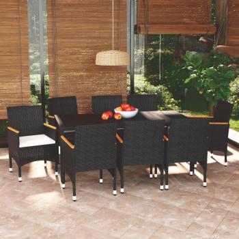 Set de muebles de jardín 9 piezas con cojines de ratán sintético negro