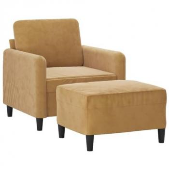 Sillón con taburete de terciopelo marrón 60 cm, con respaldo y reposabrazos, ideal para relax y descanso en salón