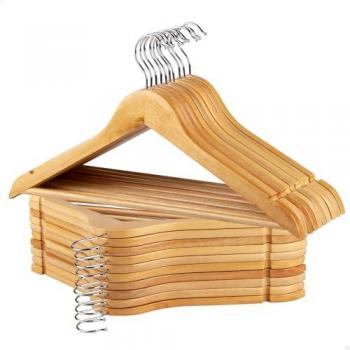 Pack 20 Perchas de Madera Color Natural, Alta Calidad A, Ganchos Giratorios 360º de Acero, con Muescas y Barra Inferior, 44,5x23 cm - Ideal para Pantalones,