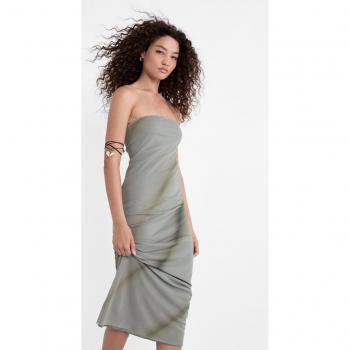 Printed Strapless Tulle Dress - Khaki M