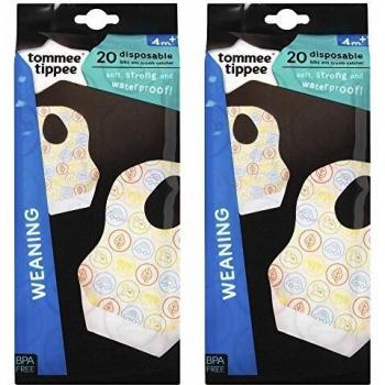 Tommee Tippee Explora 40 Pack Disposable Baby Bibs with Crumb Food Catcher Lips Colourful Cars, Dinosaurs & Leaves Design Unisex for Boys & Girls Age 4 Months+ BPA-Free Waterproof Backing