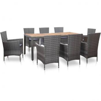 9-Piece Outdoor Dining Set with Cushions in Grey Synthetic Rattan