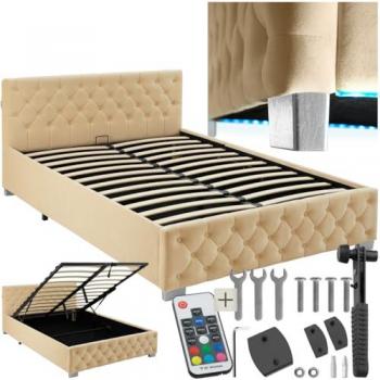 Cama Acolchada de Terciopelo con Tiras LED y Espacio de Almacenamiento - 148x215 cm Beige