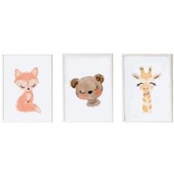 Juego de 3 cuadros infantiles Crochetts Multicolor Madera MDF 33 x 43 x 2 cm Oso Jirafa Zorro (3 Piezas)