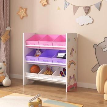 Estantería Infantil Boiro 3 Niveles Organizador de Juguetes con Motivo de Unicornio y 9 Cajas Plegables, Aglomerado/Poliéster, 60 x 62 x 30 cm