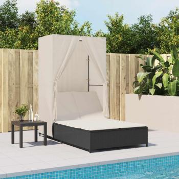 Tumbona doble con techo y cortinas de ratán sintético en color negro, ideal para jardín, playa, piscina y terraza