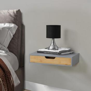 Estante de pared Bokn con cajón de bambú hasta 5 kg, 40 x 24 x 8 cm - Gris y Natural