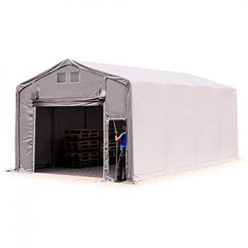 Carpa industrial 5x8 m con altura lateral de 3 m, lona ignífuga y 100% impermeable PRIMEtex 2300 N, gris, con puerta levadiza