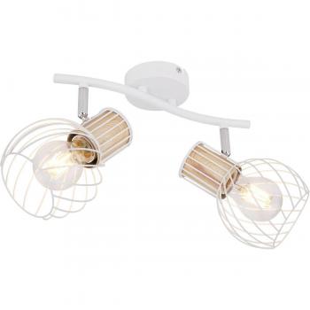 Plafón de 2 luces Luise en blanco y look de madera, regleta metálica blanca, 2XE27, 40W