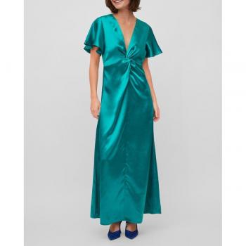 Vestido Largo Vila Sittas Verde con Mangas Cortas y Detalle Drapado