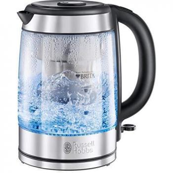 Russell Hobbs Hervidor de Agua Eléctrico Clarity - 1 litro, 2200 W, Filtro Brita, Indicador Cambio de Cartucho, Diseño de Cristal, Iluminación Azul, Detalles en Acero Inoxidable, Plata - 20760-57