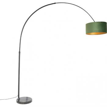 Lámpara de arco moderna con pantalla de terciopelo negro y verde, detalles en oro, tamaño 50 cm - XXL, fabricada en acero, mármol y textil, diseño alargado cilíndrico redondo