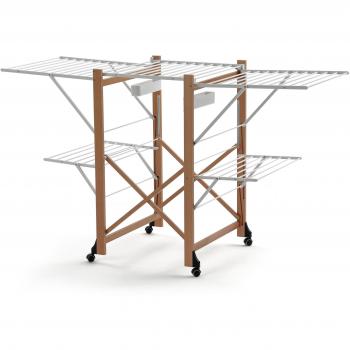 Tendedero Plegable y Extensible GABBIANO de Madera de Cerezo, 30 metros de Alambre con Cesta Giratoria para Pinzas y Ruedas con Freno