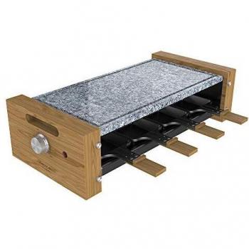 Cecotec Raclette Cheese&Grill 8600 Wood AllStone. Potencia 1200 W, Placa piedra natural, 8 sartenes individuales, Termostato regulable, Diseño extraíble