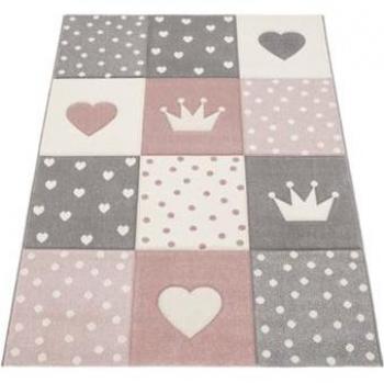 Alfombra Infantil Cuadros Puntos Corazones Estrellas Blanco Gris Rosa 240x340 cm