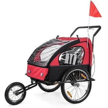 SAMAX Remolque de Bicicleta para Niños Kit de Footing Transportín Silla Cochecito Carro Suspensíon Infantil Carro en Rojo/Negro - Black Frame
