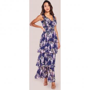 Navy Floral Multilayered Chiffon Maxi Dress & Lavender Sustainable Flutter Sleeve Chiffon Wrap Midi Dress