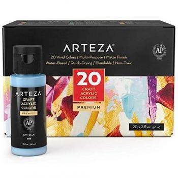 Arteza Set de pintura acrílica para manualidades, botes de 60ml, 20 colores mezclables a base de agua, acabado mate, pinturas acrílicas para lienzos, cristal, madera, cerámica, telas, arte y bricolaje