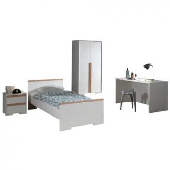 Conjunto de dormitorio infantil LONDON en blanco: cama 90x200 cm, mesita de noche con 2 cajones, escritorio y armario de 2 puertas