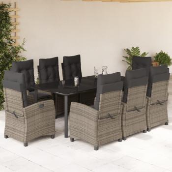 9-Piece Grey Poly Rattan Garden Dining Set with Cushions
