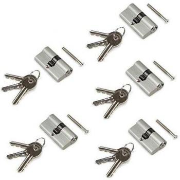 Emuca – Cilindro cerradura tipo pera para puertas 30x30, embrague simple, bombín cerradura 5 pitones, leva larga, 5 llaves, niquel satinado, lote de 5 unidades