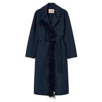 TWINSET Women's Double-Faced Wool Coat with Feathers, Blue, Size 40