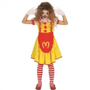 Disfraz de Payasa de Hamburguesa Asesina para niña - incluye vestido colorido con diseño de hamburguesa, medias a rayas, peluca roja y maquillaje facial