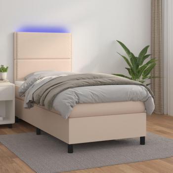 Cama box spring suave con colchón y LED de cuero sintético color cappuccino 80x200 cm