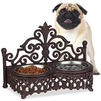 Comedero Doble para Perro y Gato con Soporte de Hierro Fundido y Acero Inoxidable, Marrón, 23 x 31 x 15 cm