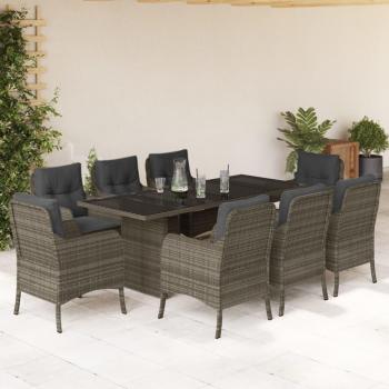Set de Comedor de Jardín 9 Piezas con Cojines de Polyrattan Gris