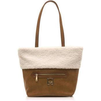Bolso de Hombro Mariamare Yak para Mujer en Color Marrón con Detalle de Pelo Blanco y Cierre de Cremallera