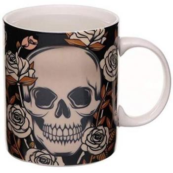 Taza de porcelana con diseño de calaveras y rosas que cambia de color