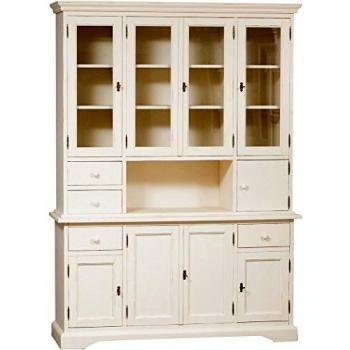 Vitrina Country de Madera Maciza de Tilo con Acabado Blanco Envejecido 200x156x50 cm - Aparador Alto para Salón y Cocina Made in Italy