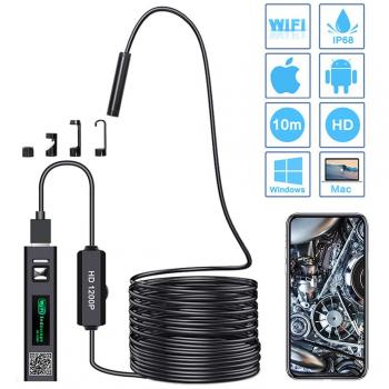 PiAEK Endoscopio, Cámara de Inspección Inalámbrico WiFi 2.0 MP 1200P HD Boroscopio, Cable Rígido con 8 Luces LED para Android y Tableta iPad de iOS,Mac,Windows-10M